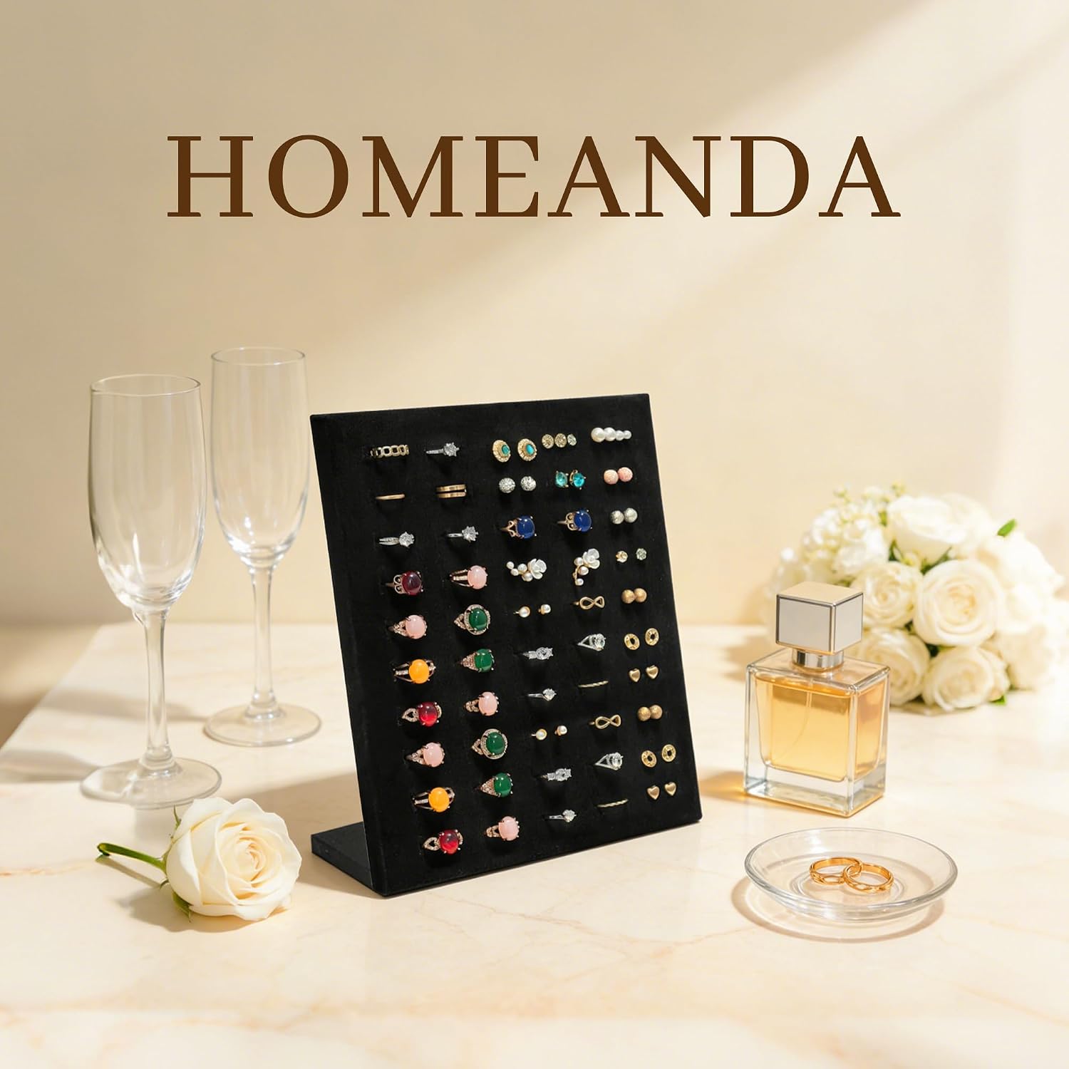 Homeanda Ring Display Stand with Velvet Lining, 2 Pcs L-Shaped Jewelry Organizer with Individual Slots, Sturdy Non-Slip Base for Retail Display, Home Storage & Photography (8" x 4" x 9.6")