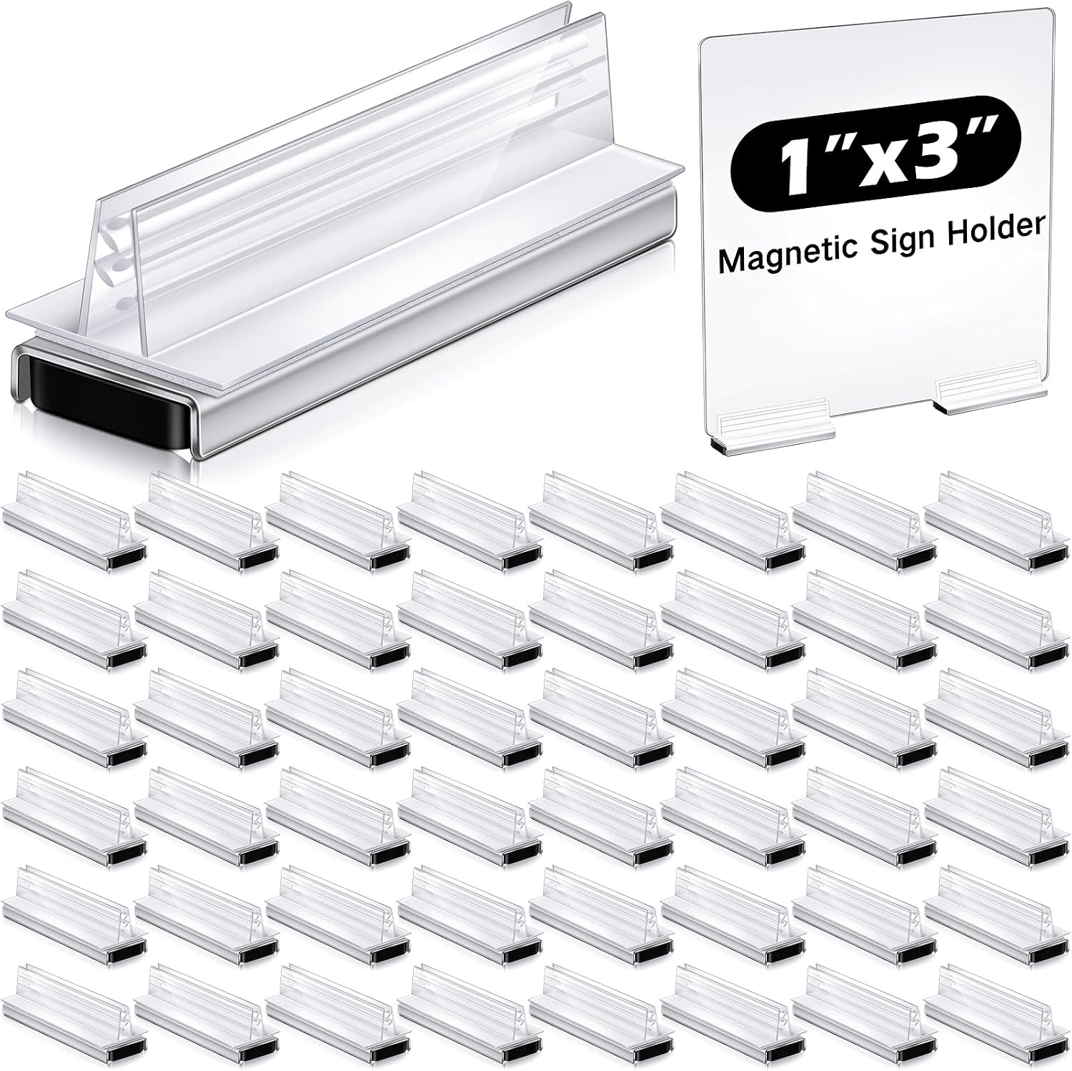 12 Pack Clear Magnetic Sign Holders, 3" L x 1" W x 1" H