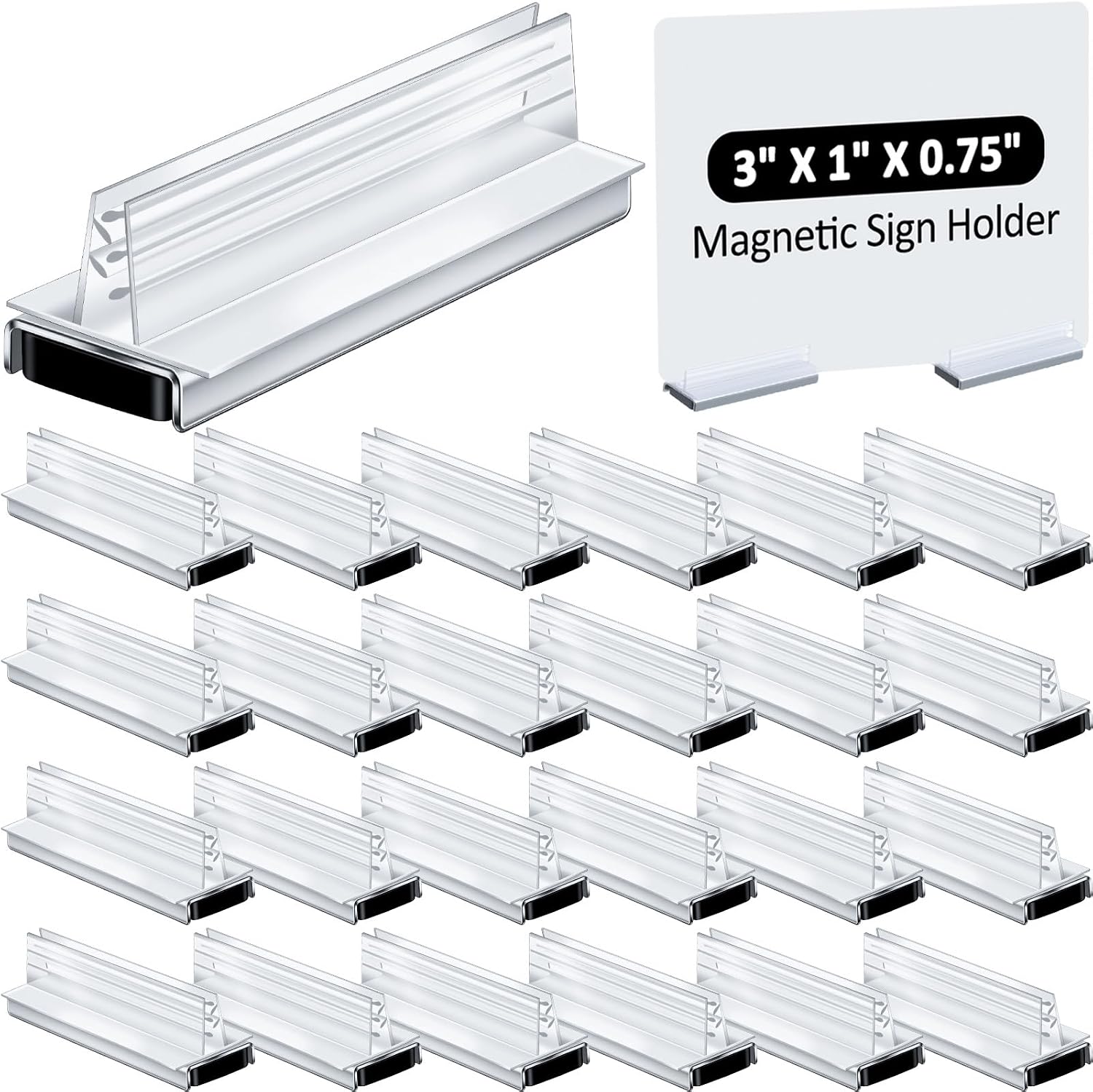 Thyle 20-Pack Clear Magnetic Sign Holders, 3" L x 1" W x 0.75" H